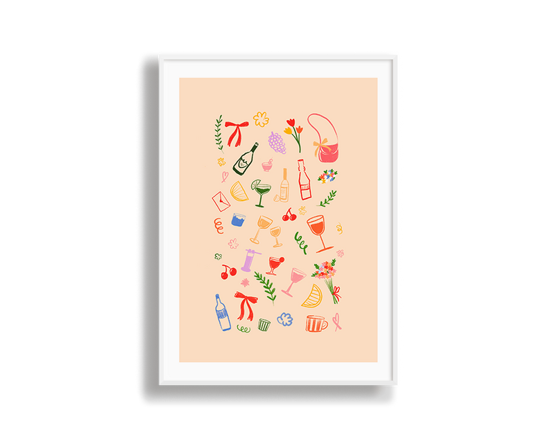 Framed artwork with colorful illustrations of drinks and bottles on a beige background