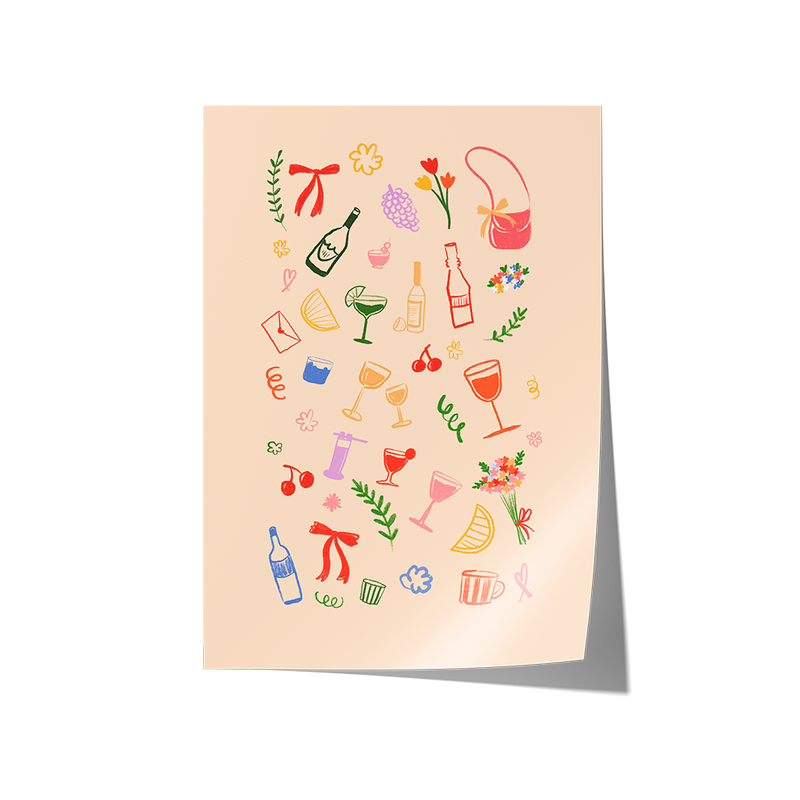 Framed artwork with colorful illustrations of drinks and bottles on a beige background