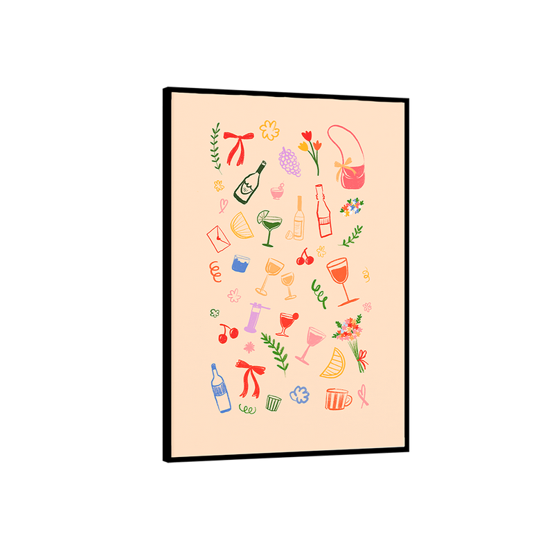 Framed artwork with colorful illustrations of drinks and bottles on a beige background