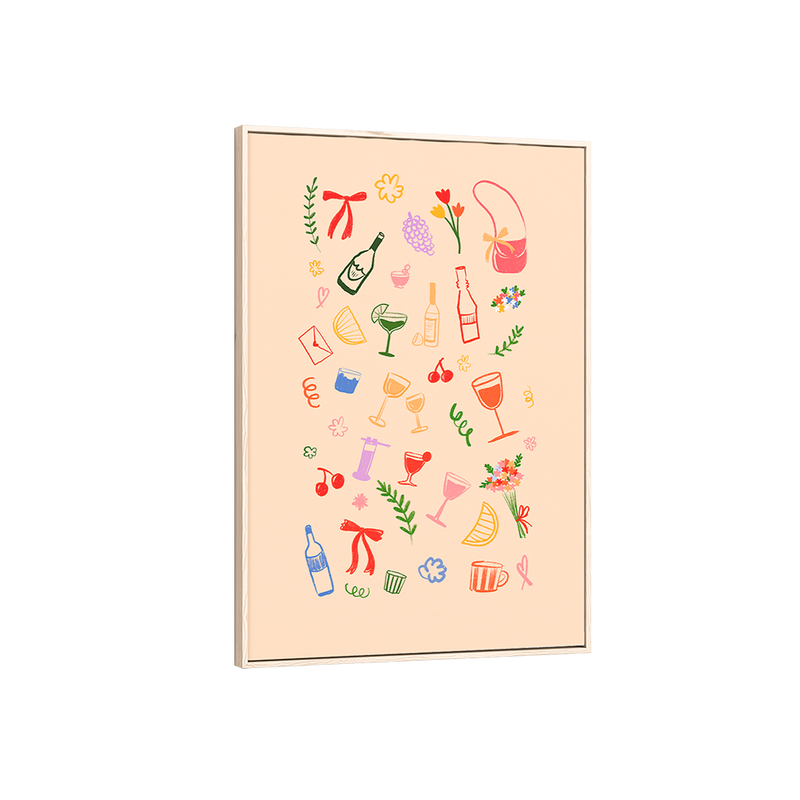 Framed artwork with colorful illustrations of drinks and bottles on a beige background