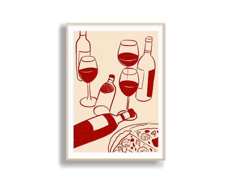 Framed artwork with red wine bottles, glasses, and pizza on a beige background