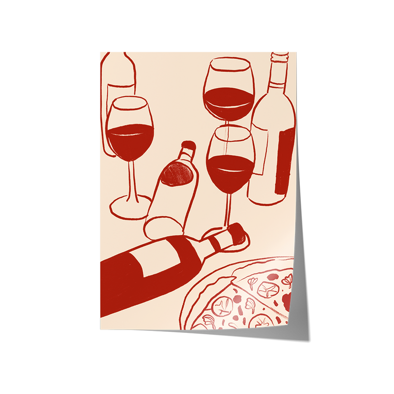 Framed artwork with red wine bottles, glasses, and pizza on a beige background