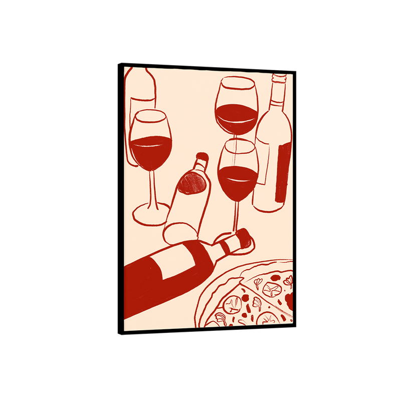 Framed artwork with red wine bottles, glasses, and pizza on a beige background