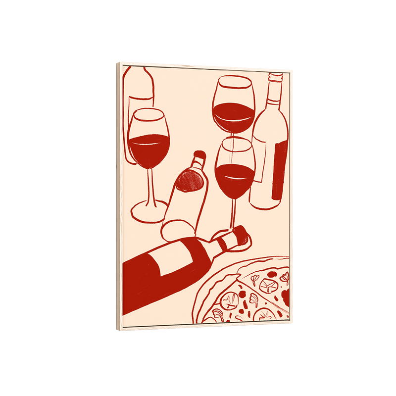 Framed artwork with red wine bottles, glasses, and pizza on a beige background