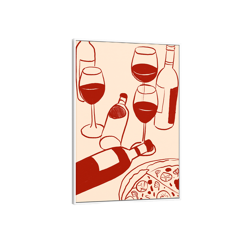 Framed artwork with red wine bottles, glasses, and pizza on a beige background