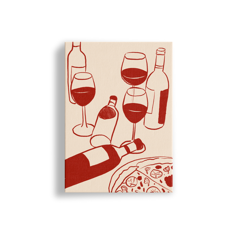 Framed artwork with red wine bottles, glasses, and pizza on a beige background