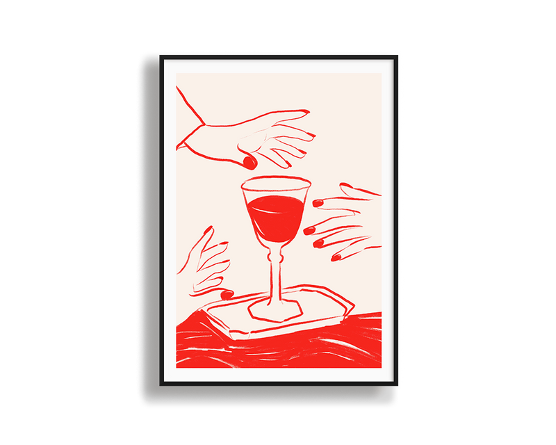 Framed artwork of a illustration of red wine and hands on a beige background