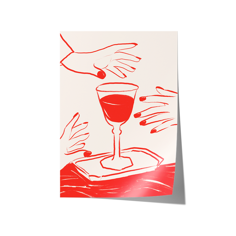 Framed artwork of a illustration of red wine and hands on a beige background