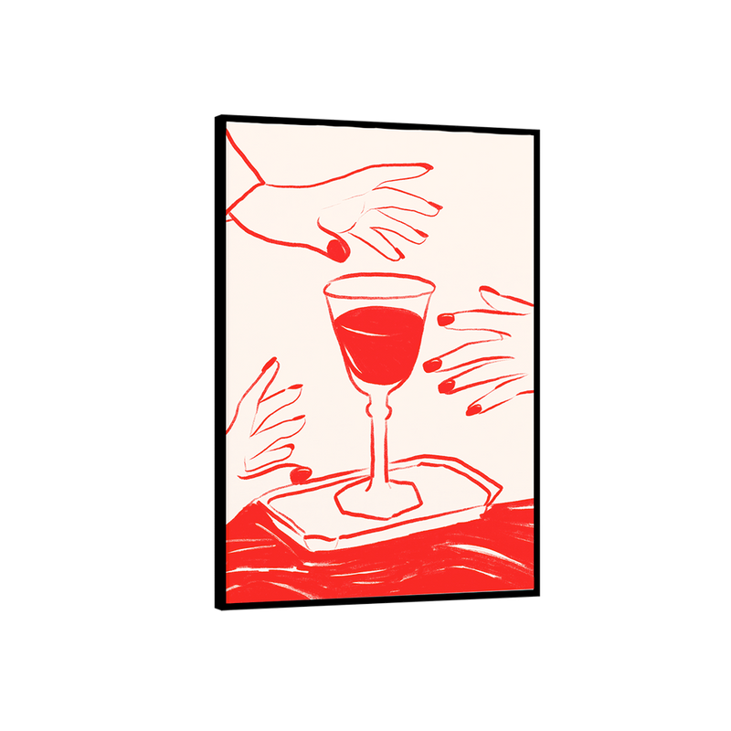 Framed artwork of a illustration of red wine and hands on a beige background