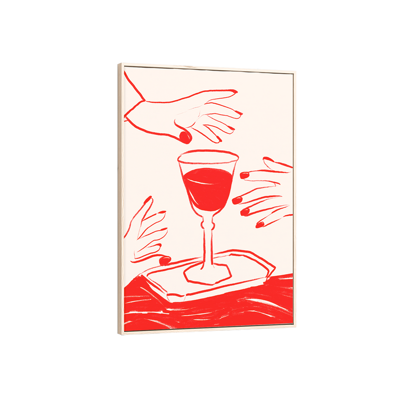 Framed artwork of a illustration of red wine and hands on a beige background