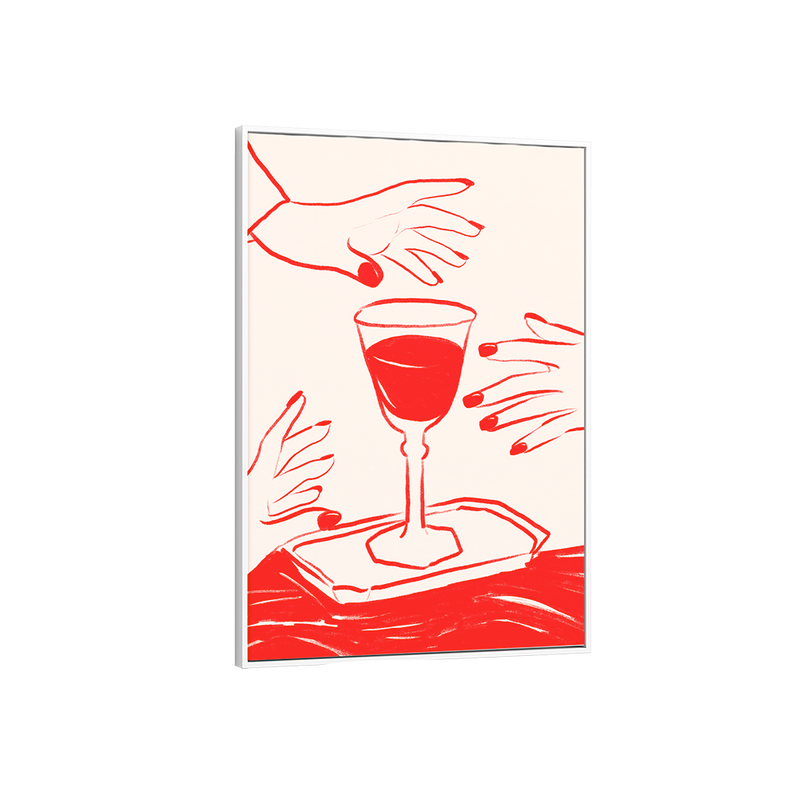 Framed artwork of a illustration of red wine and hands on a beige background