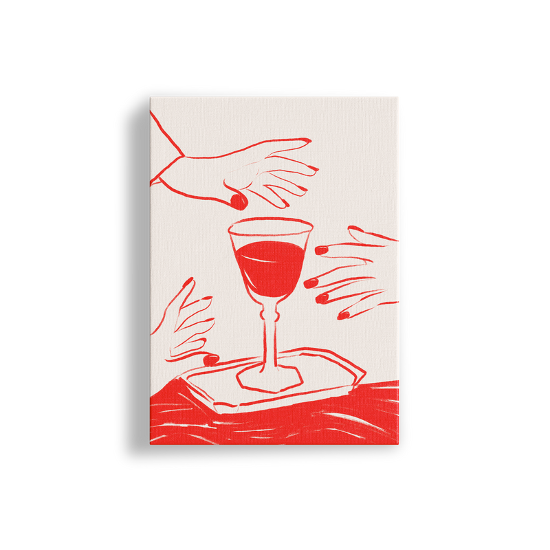 Framed artwork of a illustration of red wine and hands on a beige background