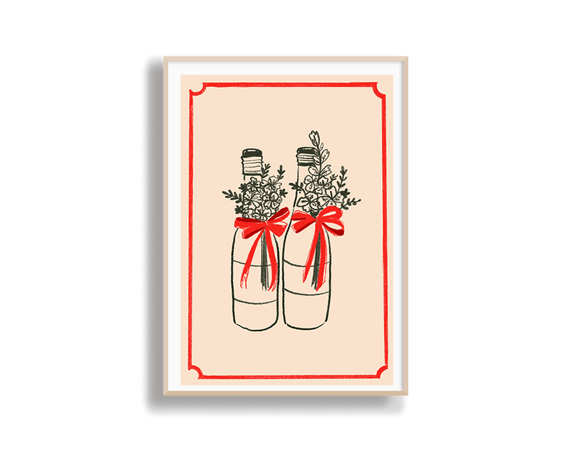 Framed artwork of two bottles with red bows and floral arrangements on a beige background