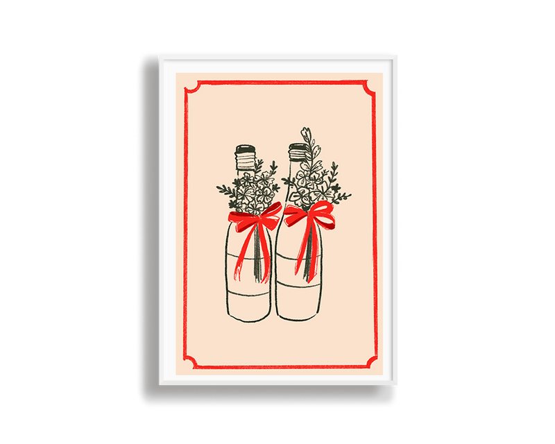 Framed artwork of two bottles with red bows and floral arrangements on a beige background