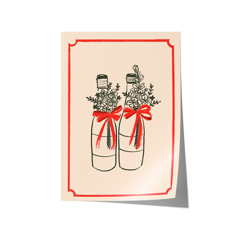 Framed artwork of two bottles with red bows and floral arrangements on a beige background