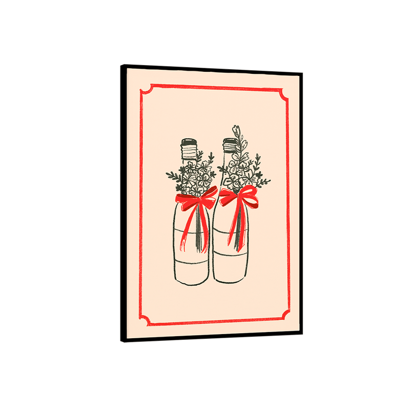 Framed artwork of two bottles with red bows and floral arrangements on a beige background
