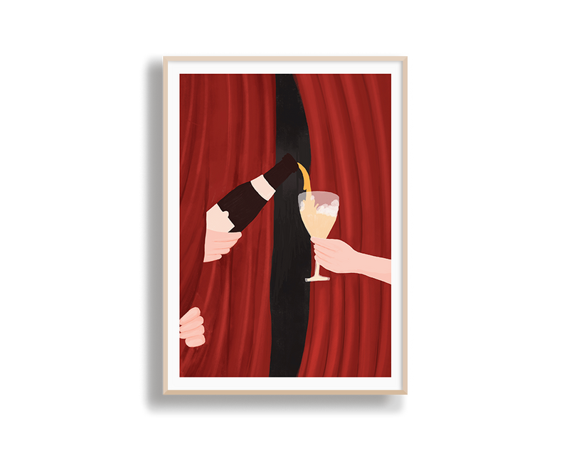 Framed artwork of a hand holding a glass with another hand reaching out against a red curtain background.