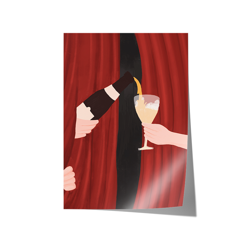 Illustration of a hand pouring a cocktail into another hand against a red curtain background