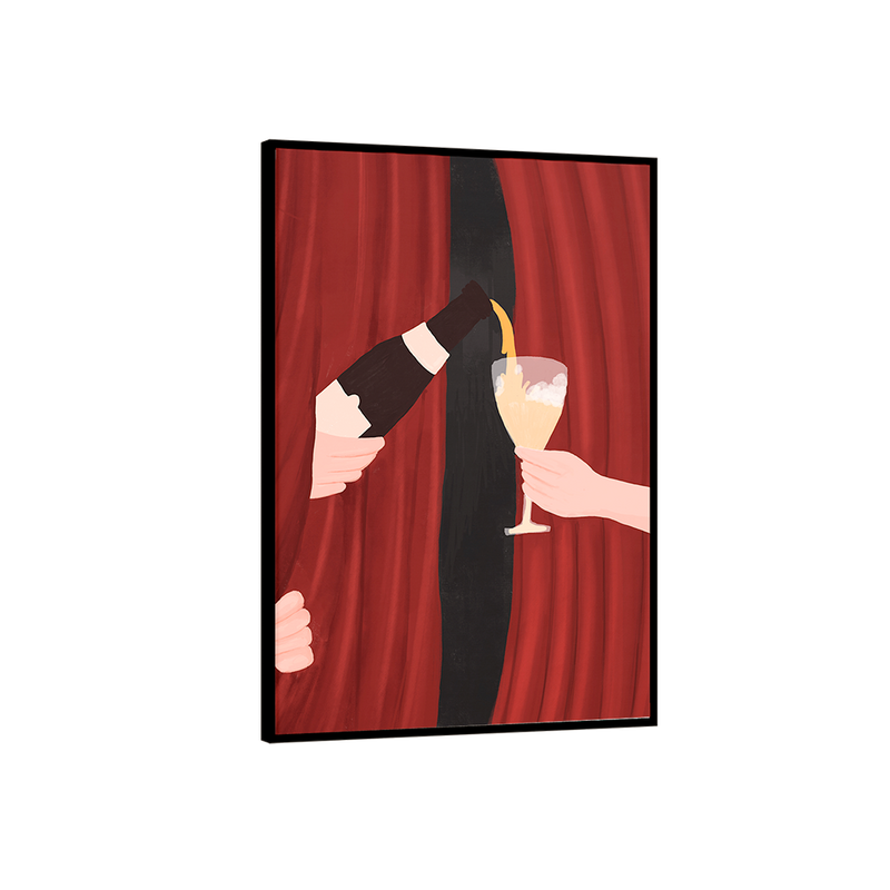 Framed artwork of a hand holding a glass with another hand reaching out against a red curtain background.