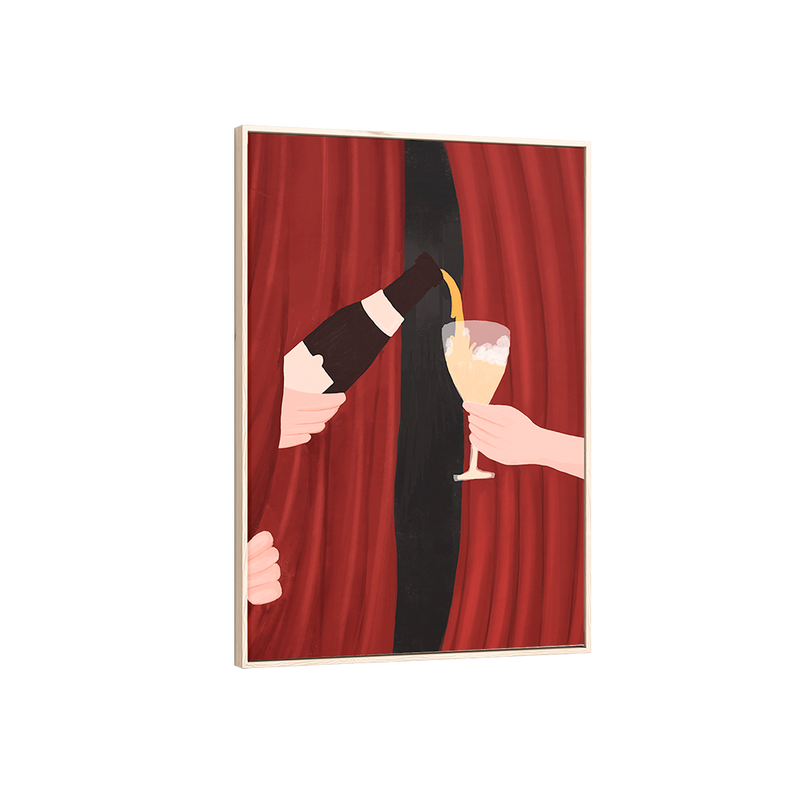 Framed artwork of a hand holding a glass with another hand reaching out against a red curtain background.