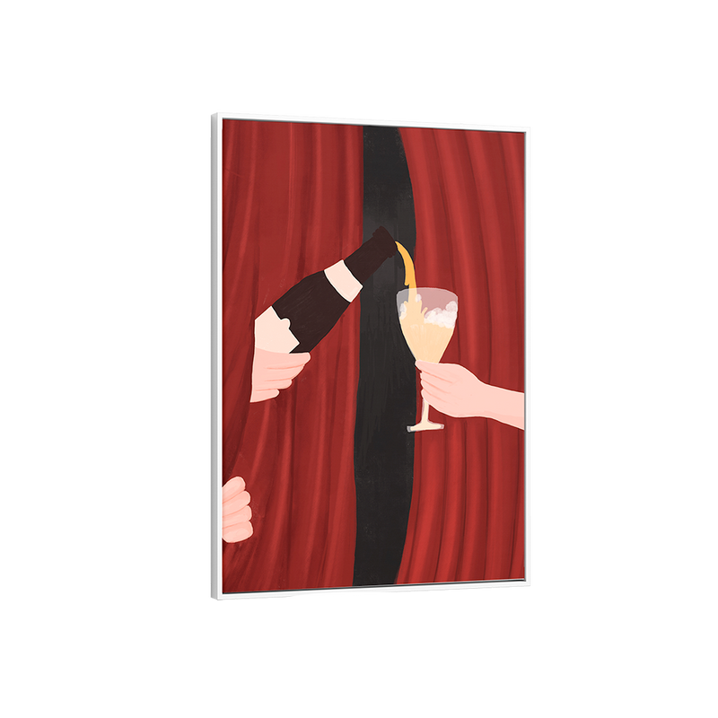 Framed artwork of a hand holding a glass with another hand reaching out against a red curtain background.