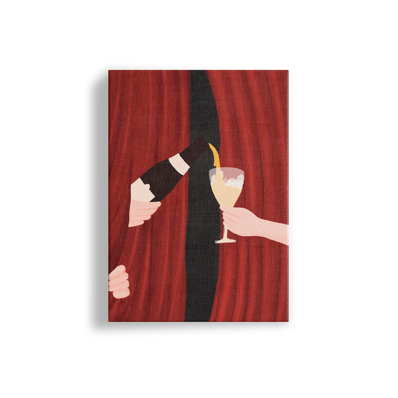 Framed artwork of a hand holding a glass with another hand reaching out against a red curtain background.
