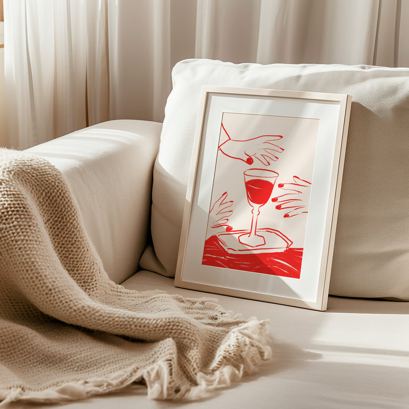 Framed artwork of a illustration of red wine and hands on a beige background