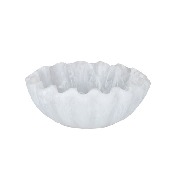“Merridy Resin Scallop Bowl in smooth white resin, 31cm diameter x 12cm high with scalloped edge – modern decorative bowl from WALL TO WALL Prints.”