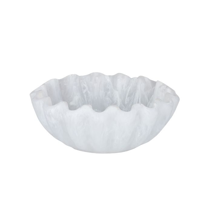 “Merridy Resin Scallop Bowl in smooth white resin, 31cm diameter x 12cm high with scalloped edge – modern decorative bowl from WALL TO WALL Prints.”