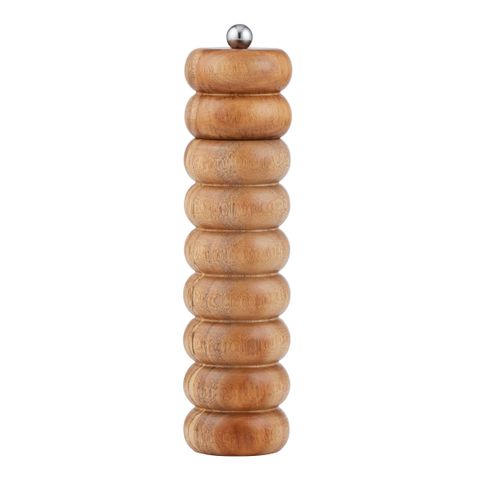“Delphi Wood Salt and Pepper Grinder in natural finish, 24cm tall with adjustable ceramic mechanism – modern wooden table accessory from WALL TO WALL Prints.”
