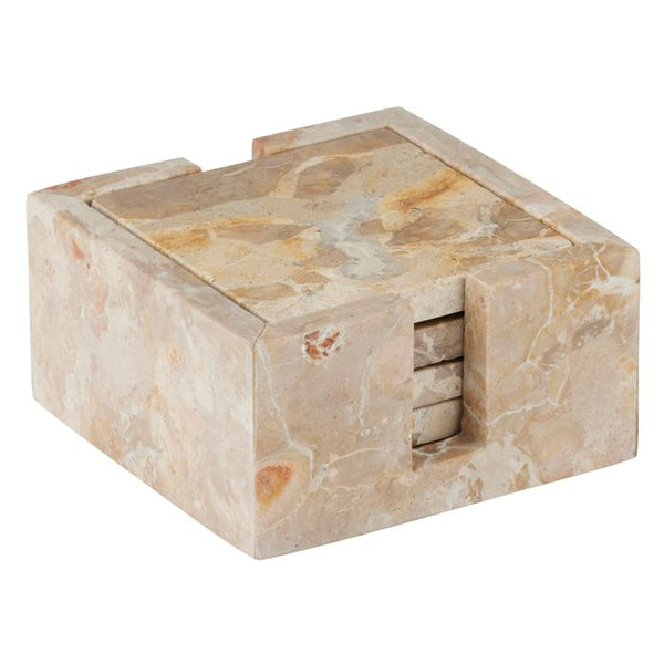 “Club Set of 4 Marble Coasters with matching marble holder, 11x11cm square coasters with natural veining – elegant table accessory from WALL TO WALL Prints.”