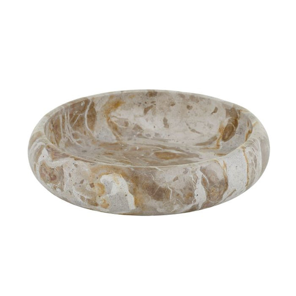 “Xena Marble Bowl in taupe marble, 26cm diameter and 6cm tall with natural veining – modern decorative centrepiece from WALL TO WALL Prints.”