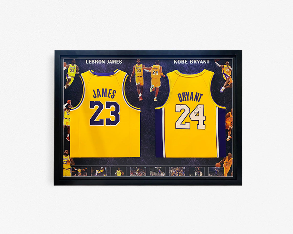KOBE BRYANT LEBRON JAMES DUAL JERSEY FRAMED